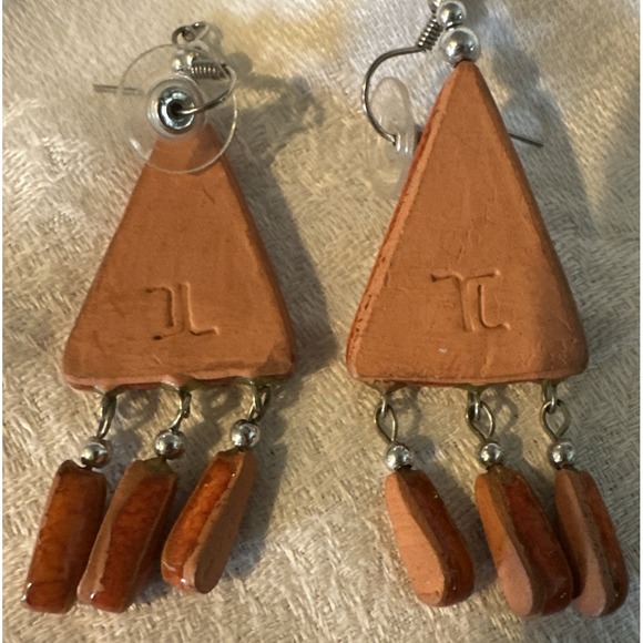 Vintage Artisan Ceramic Earrings Boho Folk Art Dangle Clay Handmade - Picture 3 of 4